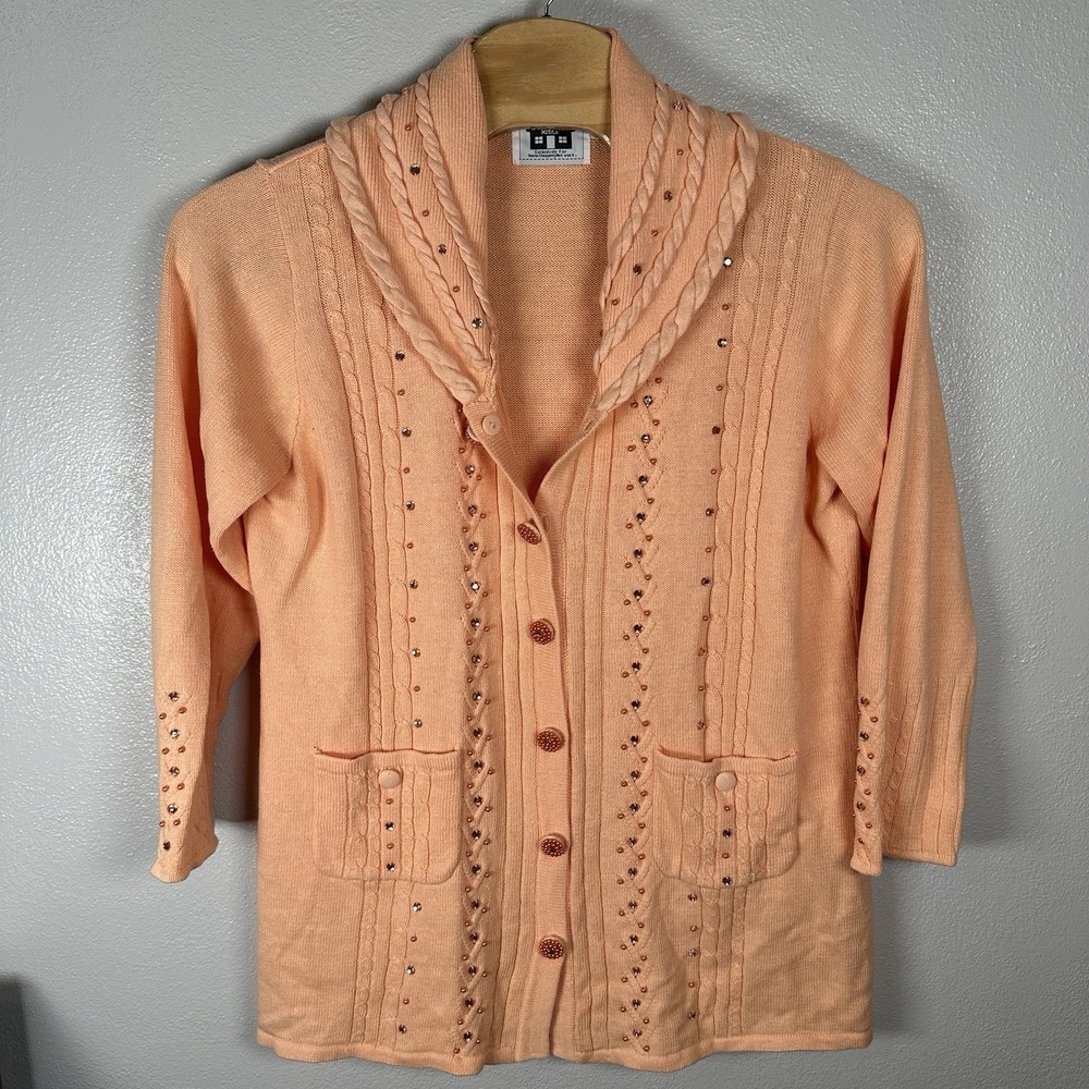 Storybook Knits Sweater Womens 1X Cardigan Grannycore Peach Beaded Cable Knit‎